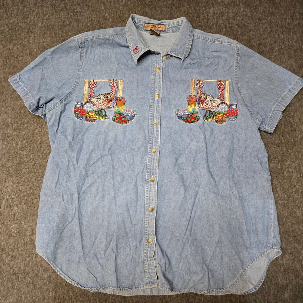 Vintage Cat Embroidered Denim Shirt Womens 14W/16W Just My Sizs Grandma